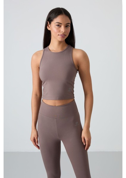 Kahverengi Yüksek Bel Kapri-Crop Atlet Slim Fit Kadın Tayt Takım - 95284