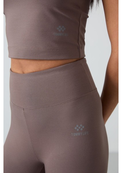 Kahverengi Yüksek Bel Kapri-Crop Atlet Slim Fit Kadın Tayt Takım - 95284