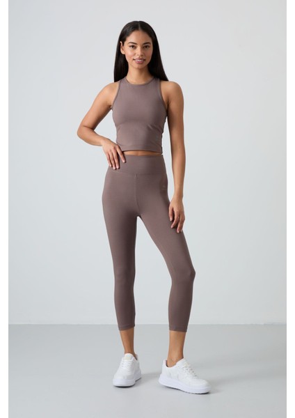 Kahverengi Yüksek Bel Kapri-Crop Atlet Slim Fit Kadın Tayt Takım - 95284