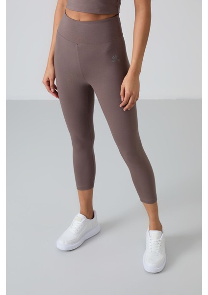Kahverengi Yüksek Bel Kapri-Crop Atlet Slim Fit Kadın Tayt Takım - 95284