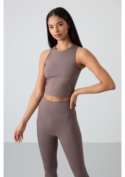 Kahverengi Yüksek Bel Kapri-Crop Atlet Slim Fit Kadın Tayt Takım - 95284