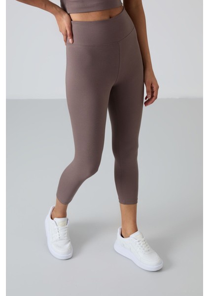 Kahverengi Yüksek Bel Kapri-Crop Atlet Slim Fit Kadın Tayt Takım - 95284