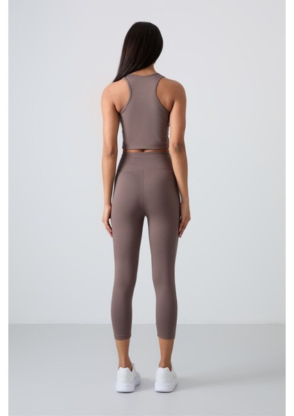 Kahverengi Yüksek Bel Kapri-Crop Atlet Slim Fit Kadın Tayt Takım - 95284