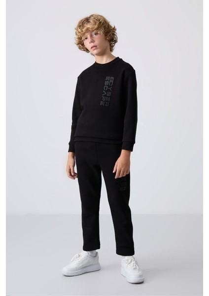 Tommy Life Siyah Pamuklu Kalın Içi Tüylü Yumuşak Dokulu Standart Fit Baskılı Erkek Çocuk eşofman takım - 11233