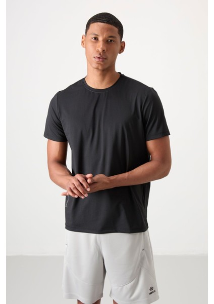 Siyah Polyester Nefes Alan Dokulu İnce Esnek Standart Fit Erkek Performans T-Shirt - 88388