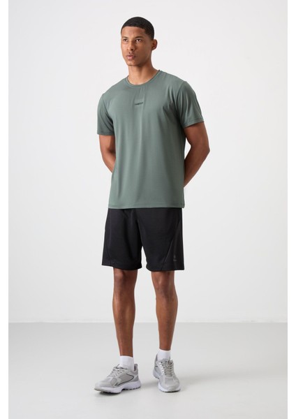 Haki Polyester Nefes Alan Dokulu İnce Esnek Standart Fit Erkek Performans T-Shirt - 88384