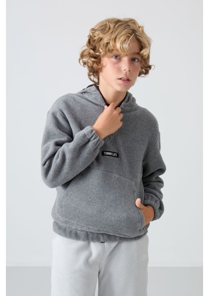 Gri Melanj Kalın Yumuşak Dokulu Standart Fit Nakışlı Polar Erkek Çocuk Sweatshirt - 11230