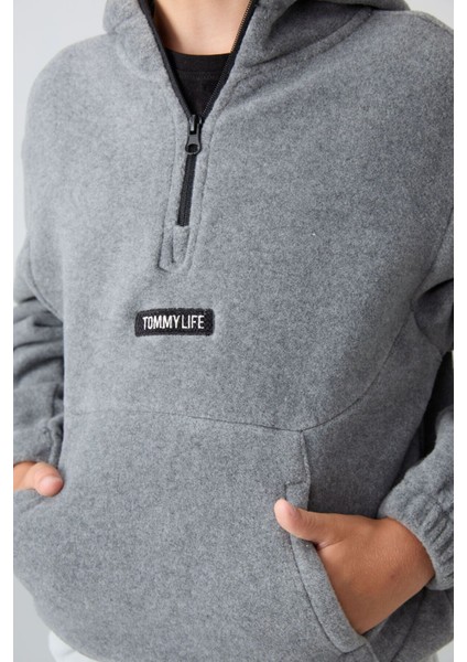 Gri Melanj Kalın Yumuşak Dokulu Standart Fit Nakışlı Polar Erkek Çocuk Sweatshirt - 11230