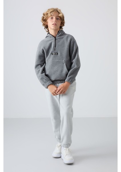 Gri Melanj Kalın Yumuşak Dokulu Standart Fit Nakışlı Polar Erkek Çocuk Sweatshirt - 11230