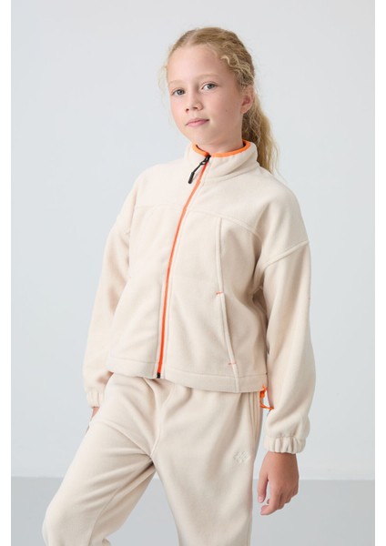 Bej Kalın Yumuşak Dokulu Standart Fit Nakışlı Polar Kız Çocuk Sweatshirt - 75157