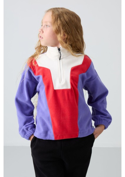 Eflatun Kalın Yumuşak Dokulu Oversize Nakışlı Polar Kız Çocuk Sweatshirt - 75153