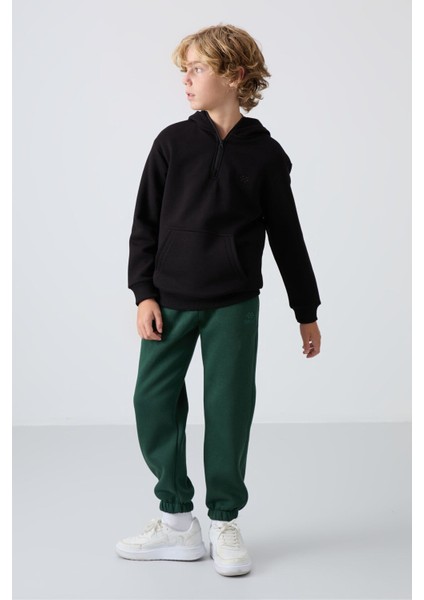 Siyah Pamuklu Kalın İçi Tüylü Yumuşak Dokulu Standart Fit Nakışlı Erkek Çocuk Sweatshirt - 11244