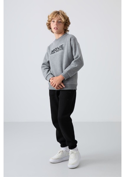 Gri Melanj Pamuklu Kalın İçi Tüylü Yumuşak Dokulu Standart Fit Baskılı Erkek Çocuk Sweatshirt - 11216