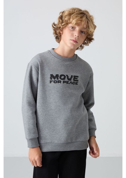 Gri Melanj Pamuklu Kalın İçi Tüylü Yumuşak Dokulu Standart Fit Baskılı Erkek Çocuk Sweatshirt - 11216
