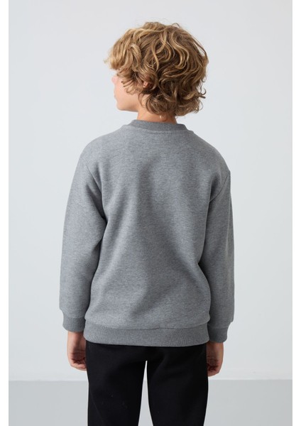 Gri Melanj Pamuklu Kalın İçi Tüylü Yumuşak Dokulu Standart Fit Baskılı Erkek Çocuk Sweatshirt - 11216