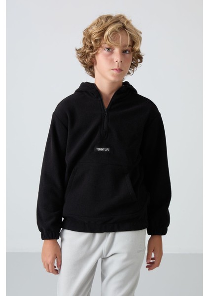 Siyah Kalın Yumuşak Dokulu Standart Fit Nakışlı Polar Erkek Çocuk Sweatshirt - 11230