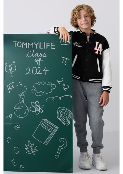 Tommy Life Siyah Pamuklu Kalın İçi Tüylü Yumuşak Dokulu Standart Fit Nakışlı Erkek Çocuk Kolej Ceket - 11258