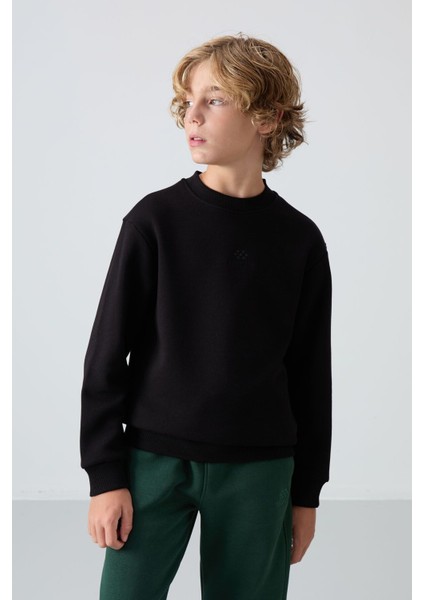 Siyah Pamuklu Kalın İçi Tüylü Yumuşak Dokulu Standart Fit Nakışlı Erkek Çocuk Sweatshirt - 11232