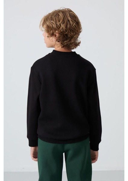 Siyah Pamuklu Kalın İçi Tüylü Yumuşak Dokulu Standart Fit Nakışlı Erkek Çocuk Sweatshirt - 11232