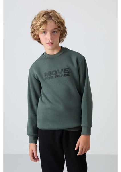 Haki Pamuklu Kalın İçi Tüylü Yumuşak Dokulu Standart Fit Baskılı Erkek Çocuk Sweatshirt - 11216