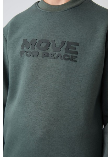 Haki Pamuklu Kalın İçi Tüylü Yumuşak Dokulu Standart Fit Baskılı Erkek Çocuk Sweatshirt - 11216