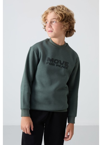 Haki Pamuklu Kalın İçi Tüylü Yumuşak Dokulu Standart Fit Baskılı Erkek Çocuk Sweatshirt - 11216