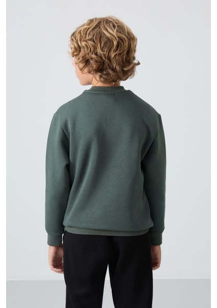 Haki Pamuklu Kalın İçi Tüylü Yumuşak Dokulu Standart Fit Baskılı Erkek Çocuk Sweatshirt - 11216