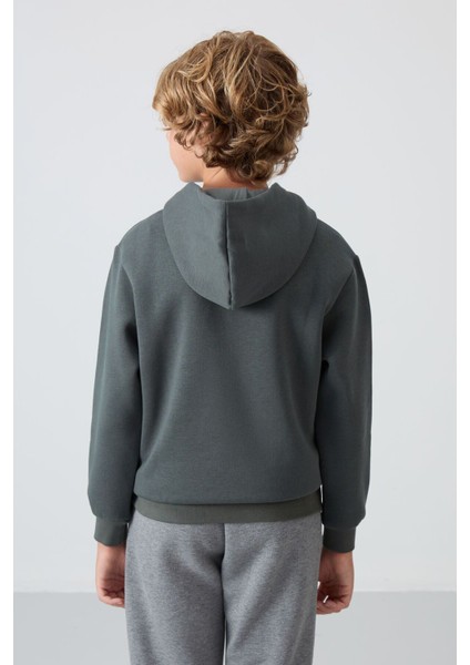 Haki Pamuklu Kalın İçi Tüylü Yumuşak Dokulu Standart Fit Baskılı Erkek Çocuk Sweatshirt - 11215