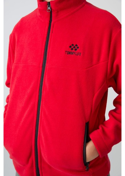 Kırmızı Kalın Yumuşak Dokulu Standart Fit Nakışlı Polar Erkek Çocuk Sweatshirt - 11223