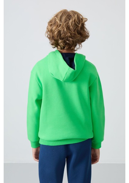 Neon Yeşil Pamuklu Kalın İçi Tüylü Yumuşak Dokulu Standart Fit Baskılı Erkek Çocuk Sweatshirt - 11239