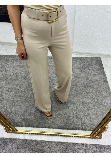 Kaplama Kemerli Palazzo Pantolon, Kadın Pantolon, En Boy Likralı Gipeli, 4 Mevsim