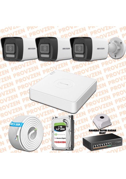Hıkvısıon 3 İp Kameralı 4Mp Hibrit Colorvu Kamera Seti