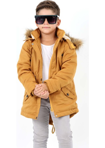 Erkek Çocuk Su Geçirmez Kanvas Kumaş Kürklü Çıkarılabilir Kapüşonlu Kışlık Uzun Hardal Sarı Mont KABAN-MNT-2005 fiyatları