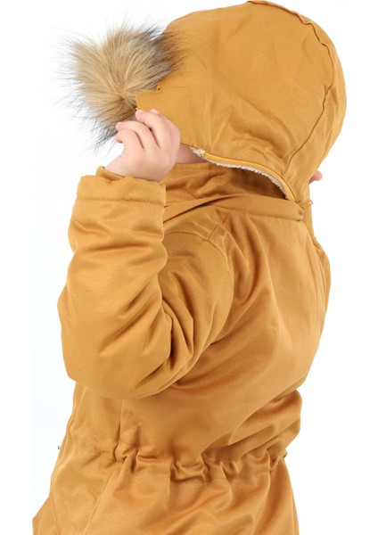 Erkek Çocuk Su Geçirmez Kanvas Kumaş Kürklü Çıkarılabilir Kapüşonlu Kışlık Uzun Hardal Sarı Mont KABAN-MNT-2005 fırsatları