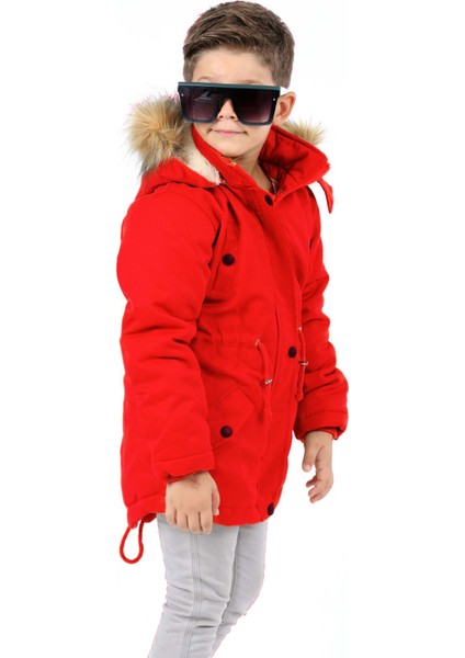 Erkek Çocuk Belden Büzmeli Parka Model Kışlık Uzun Kırmızı Mont KABAN-MNT-2005 fiyatları