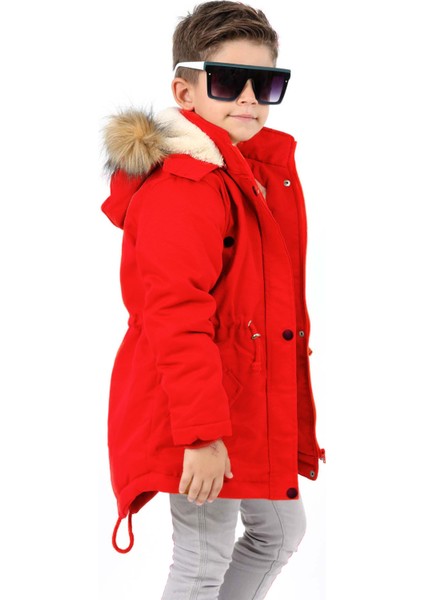 Erkek Çocuk Belden Büzmeli Parka Model Kışlık Uzun Kırmızı Mont KABAN-MNT-2005 fırsatları
