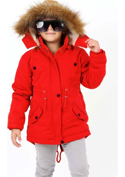 Erkek Çocuk Belden Büzmeli Parka Model Kışlık Uzun Kırmızı Mont KABAN-MNT-2005 indirimleri