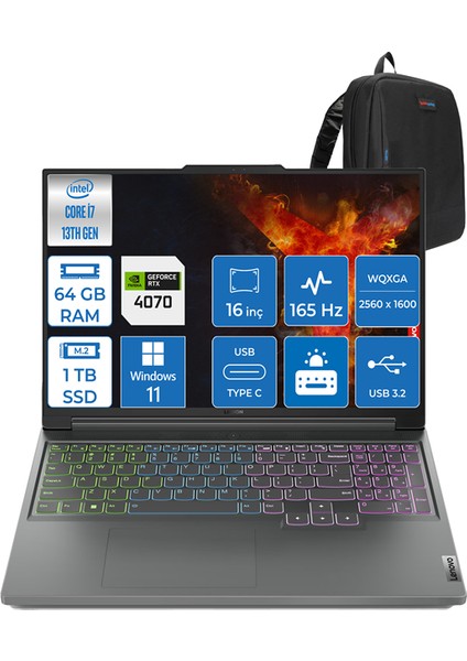 Legion Slim 5 16IRH8 Intel Core I7 13700H 64GB Ddr5 1tb SSD 8GB/RTX4070/140W Windows 11 Pro 16" 165Hz Wqxga Taşınabilir Bilgisayar 882YA00DFTXWP10 + Zettaçanta