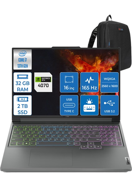 Legion Slim 5 16IRH8 Intel Core I7 13700H 32GB Ddr5 1tb SSD + 1tb SSD 8GB/RTX4070/140W Freedos 16" 165Hz Wqxga Taşınabilir Bilgisayar 882YA00DFTXF06 + Zettaçanta