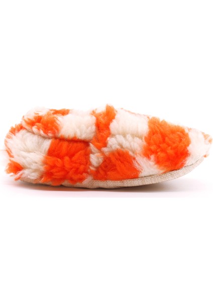 Damalı Turuncu Krem Peluş Pamuklu Kaydırmaz Bebek Patik
