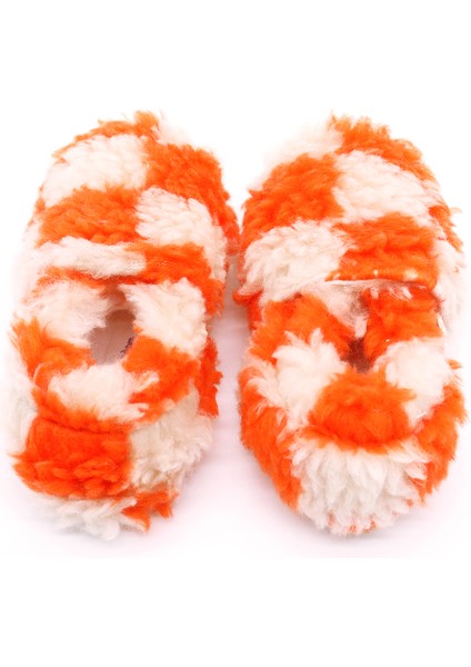 Damalı Turuncu Krem Peluş Pamuklu Kaydırmaz Bebek Patik modelleri