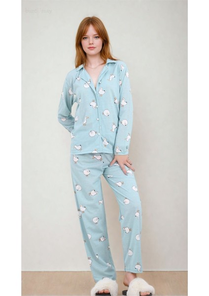 Kadın Martı Desenli Uzun Kollu Önden Düğmeli Gömlek Yaka Turkuaz Pijama Takımı