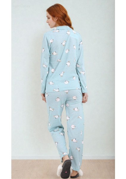 Kadın Martı Desenli Uzun Kollu Önden Düğmeli Gömlek Yaka Turkuaz Pijama Takımı modelleri