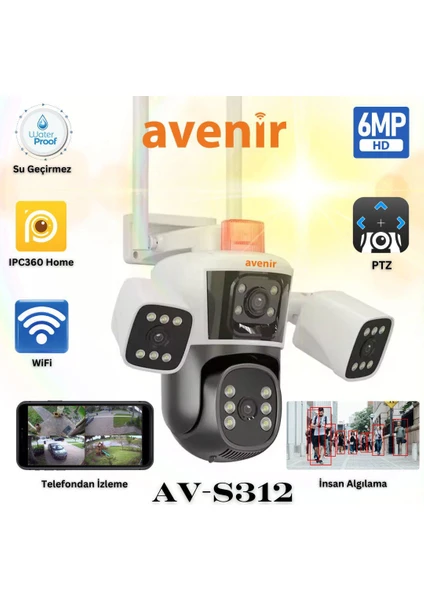 AV-S312 Wi-Fi Akıllı Ip ve Kablolu Çift Başlıklı 3 Lens 3 Kameralı 12 Mega Piksel