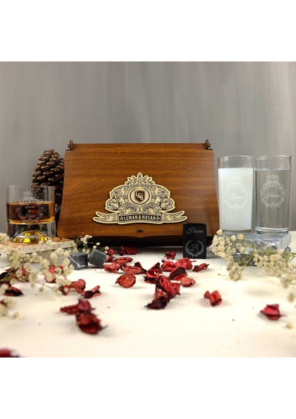 Ahşap Kutulu Çiftlere Özel 2'li Rakı & Çakmak & Taşlı Viski Kadehi Seti modelleri