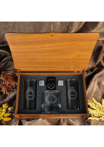 Ahşap Kutulu Çiftlere Özel 2'li Rakı & Çakmak & Taşlı Viski Kadehi Seti
