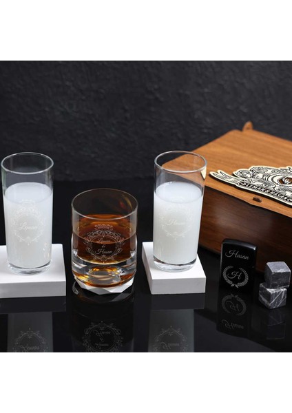 Ahşap Kutulu Çiftlere Özel 2'li Rakı & Çakmak & Taşlı Viski Kadehi Seti fırsatları