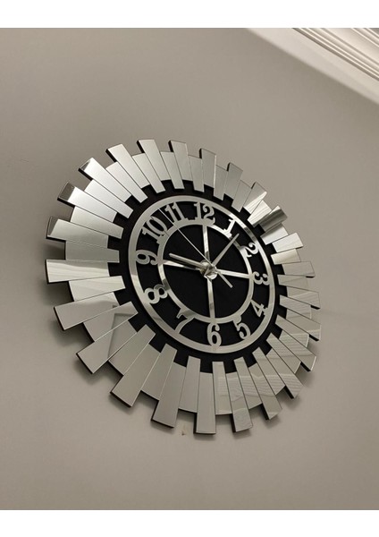 50X50 cm Lüks Dekoratif Duvar Saati Siyah Çift Kat Mdf Üzeri Gümüş Aynalı Pleksi Dekor Saati