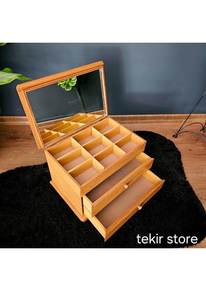 Tekir Store Aynalı Iki Çekmeceli Dekoratif Takı Saat Kutusu Çok Amaçlı Organizer Ahşap Rustik Bambu Eskitme Mdf