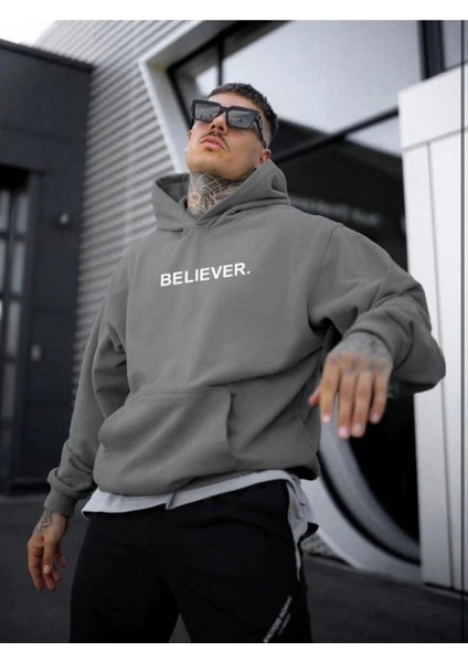 Erkek Nardo Gri Believer Baskılı Oversize Sweatshirt